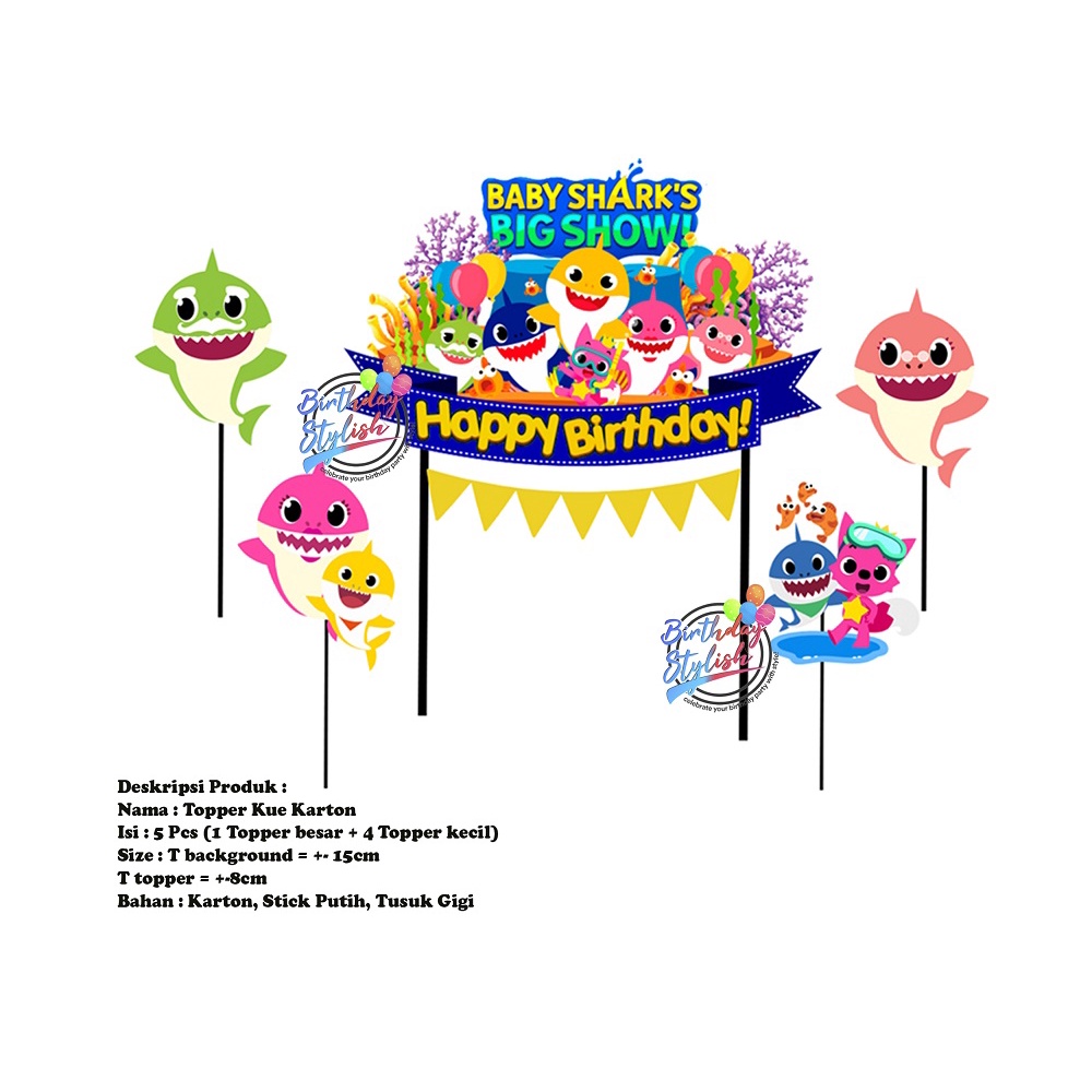 

Topper Kue Baby Shark Karton/ Hiasan kue Ulang Tahun Baby Shark/ Background Kue Baby Shark