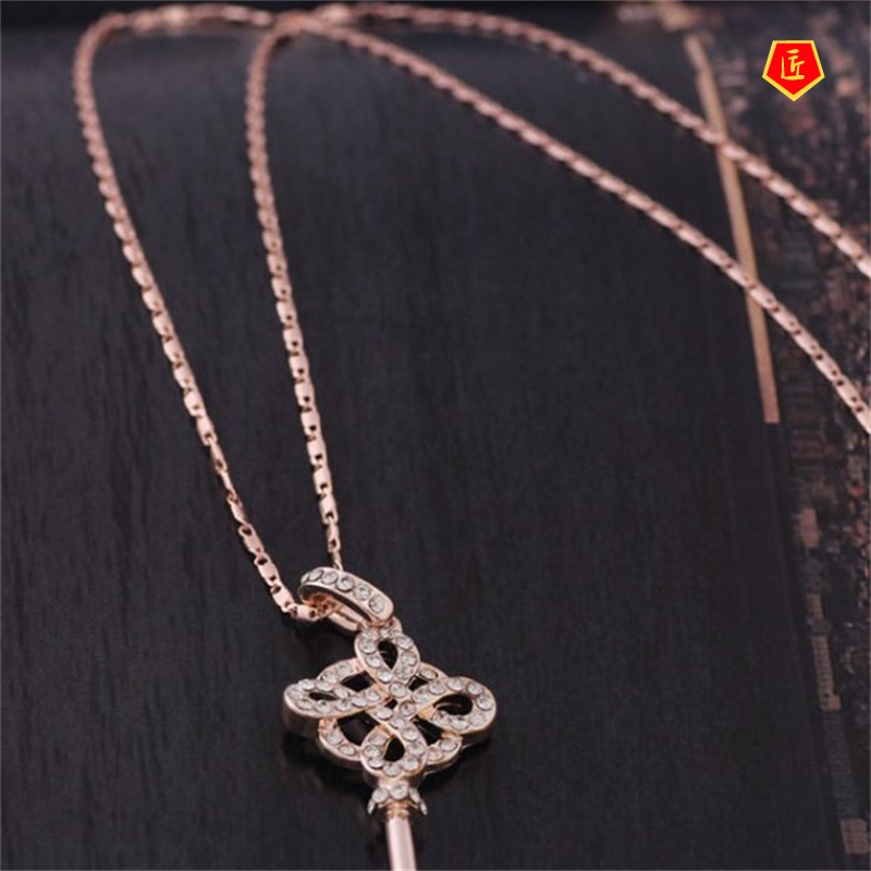 [Ready Stock]Korean Style Rose Gold Key-Shaped Necklace Full Diamond Pendant Simple Fashion