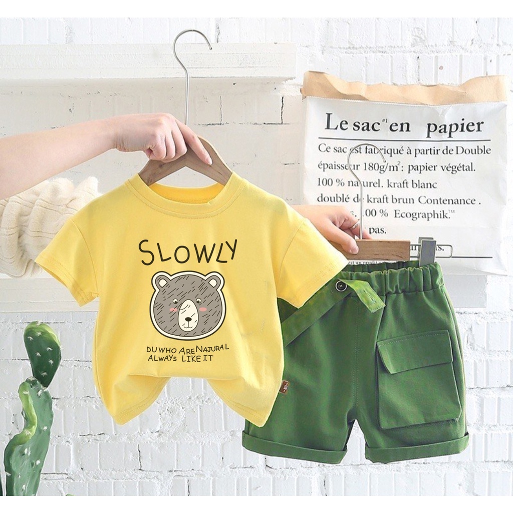 Zahra Setelan Anak Laki Laki Slowly Bear Bahan Katun | Pakaian Anak Kekinian Umur 1 - 5 Tahun