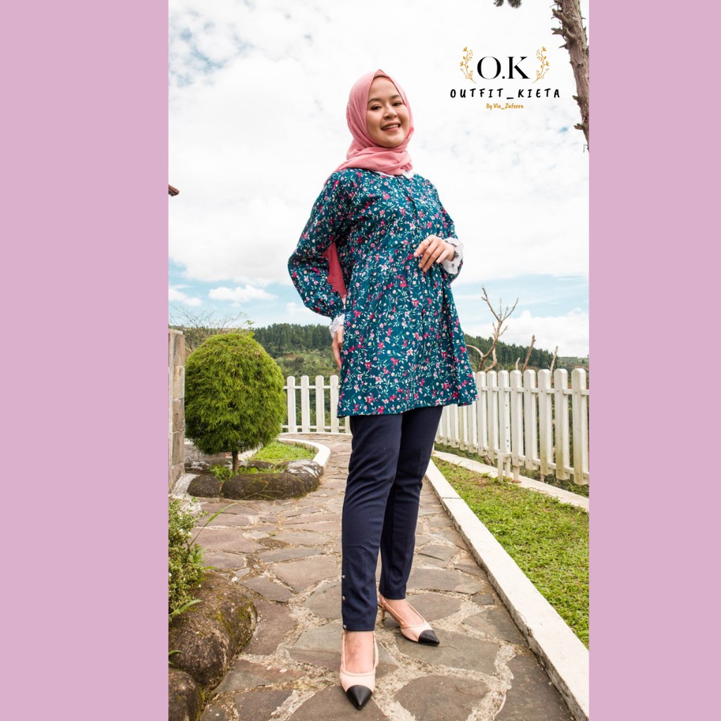 TUNIK RAYON PREMIUM ATASAN DAILY OUTFIT BUNGA-BUNGA KECIL HIJAU EMERALD KEMEJA  TUNIK TANGAN RENDA