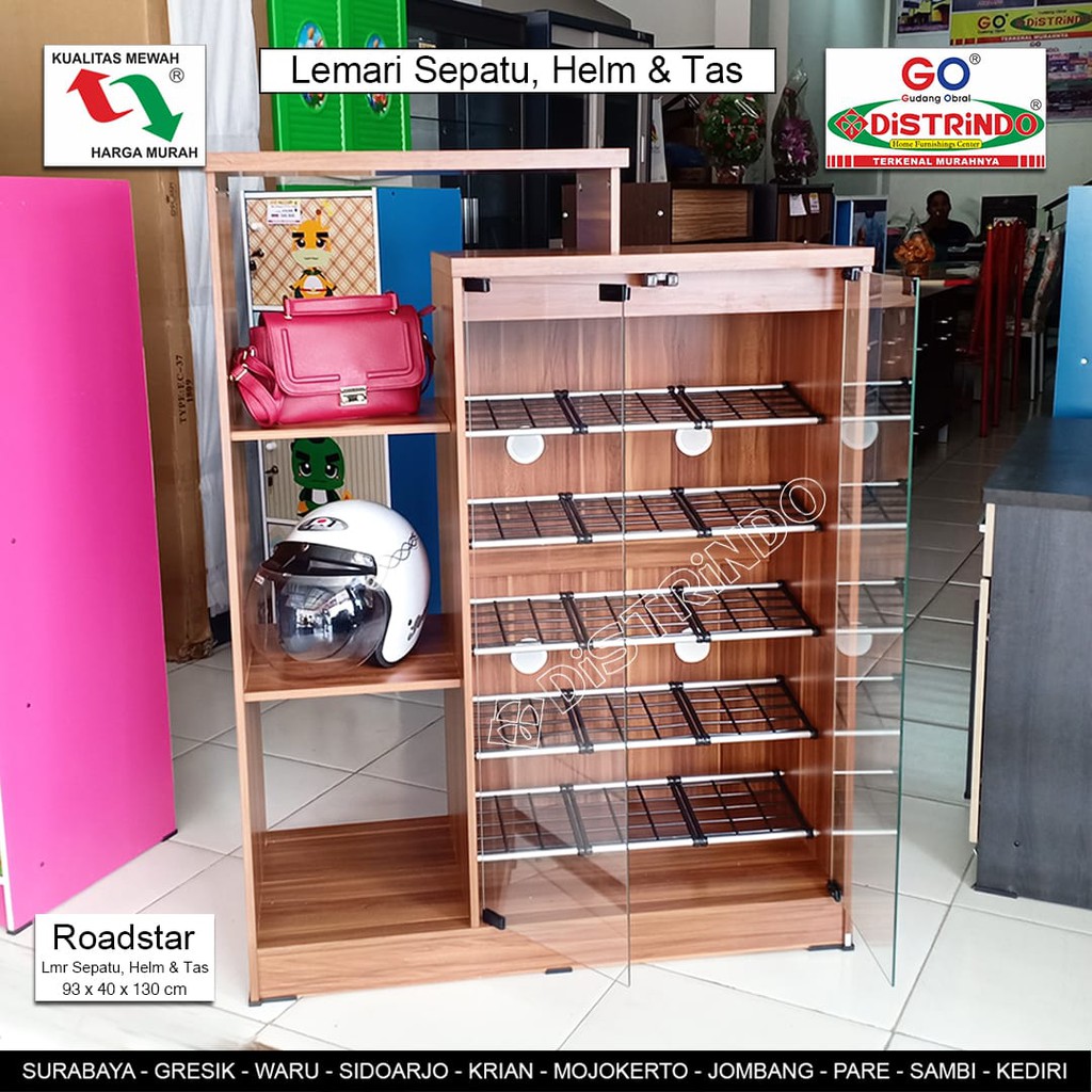 Distrindo Lemari Rak Sepatu Tas dan Helm dengan 2 Pintu Kaca Full Papan Tebal Kualitas Mewah DISTRIN