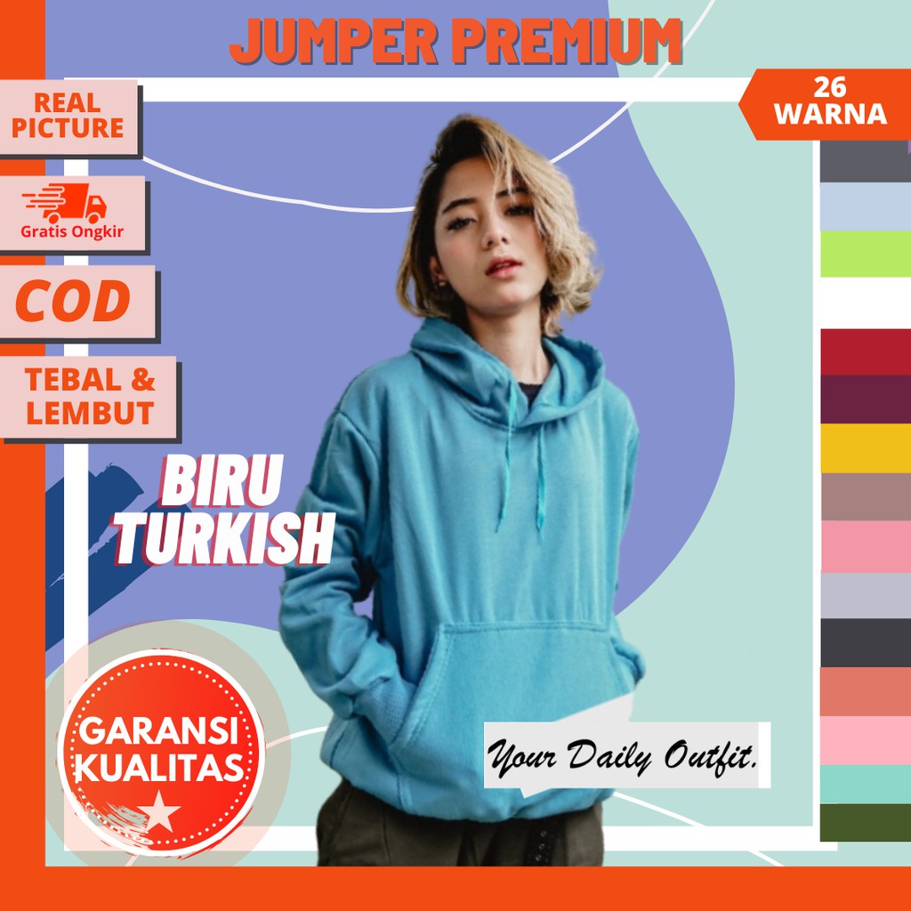 SWEATER HOODIE JUMPER BIRU TURKISH BIRU LAUT POLOS PREMIUM UNISEX HOODIE OVERSIZZE KOREA COWOK CEWEK