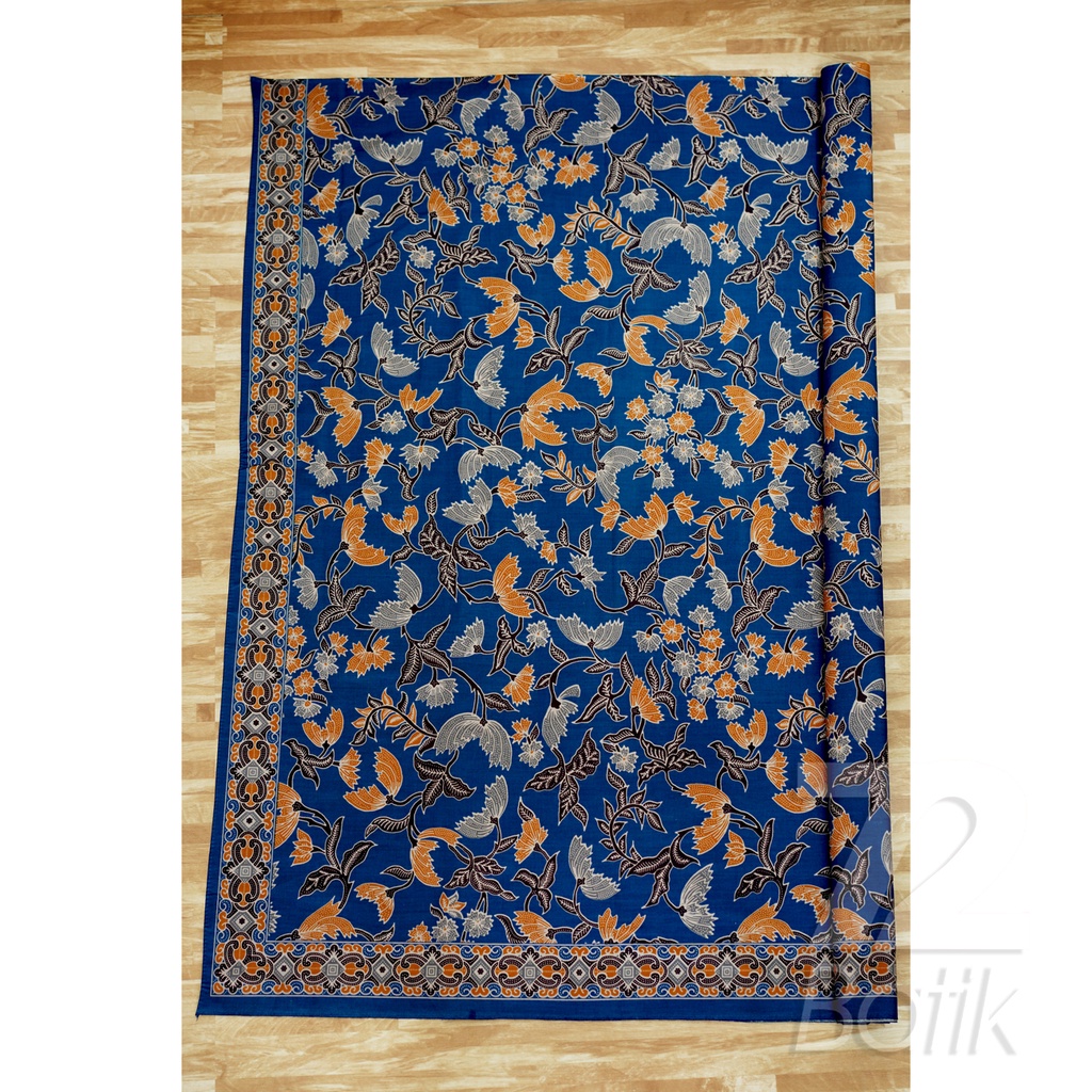 KAIN BATIK KATUN Premium Motif Kembang Warna Biru Orange Hitam 724937 Cap 72 Jarik Jarit Samping Kebat Panjang Batik Katun Modern Premium Bahan Seragam Batik Pernikahan Kantor Keluarga Murah Kamen Jadi Batik Bali Lembaran