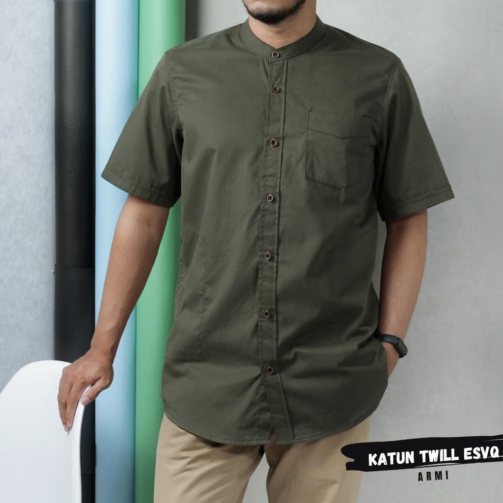 SAVIQ kemko lengan pendek baju muslim polos pria kemeja koko Hitam kode KQS4004