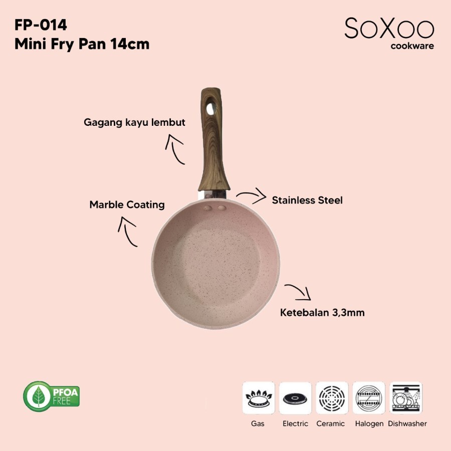 Soxoo Fry Pan Mini Ceramic 14 cm Panci Penggorengan Marble Pink FP-014