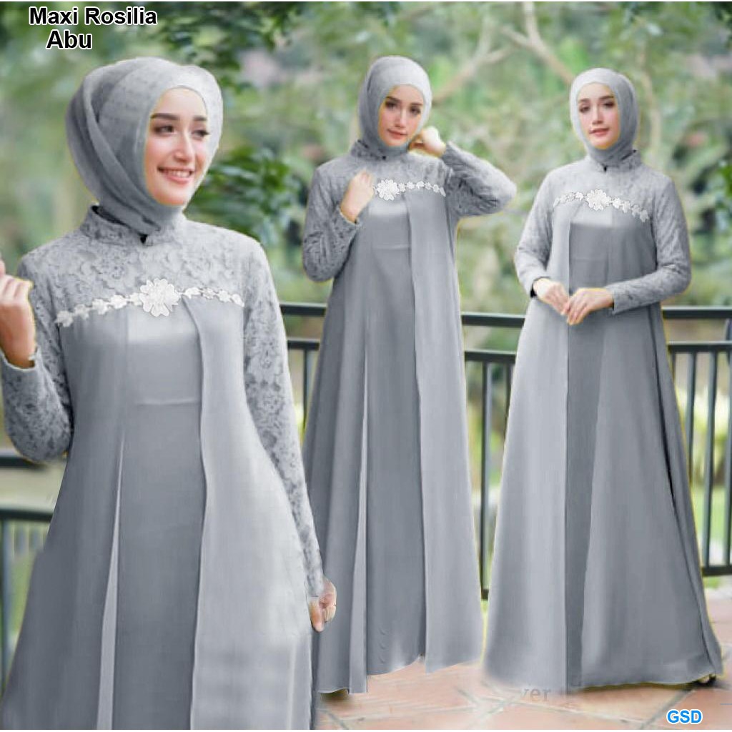 Maxi rosilia/maxi dress brokat aplikasi renda/fashion muslim wanita/longdress pesta murah terbaru