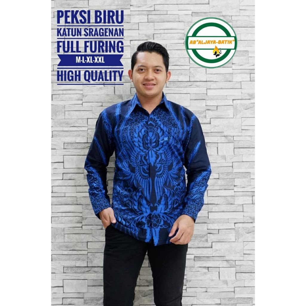 PEKSI BIRU Kemeja Batik Pria Lengan Panjang Katun Halus FULL FURING Batik Aljaya