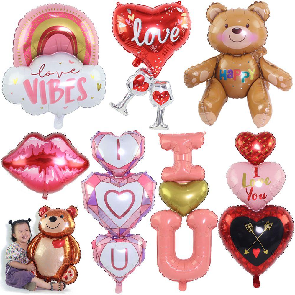 Solighter Valentines Day Balon Foil Anniversary Pernikahan Dekorasi Air Bola Tiup Perlengkapan Pesta Bibir Hati Merah