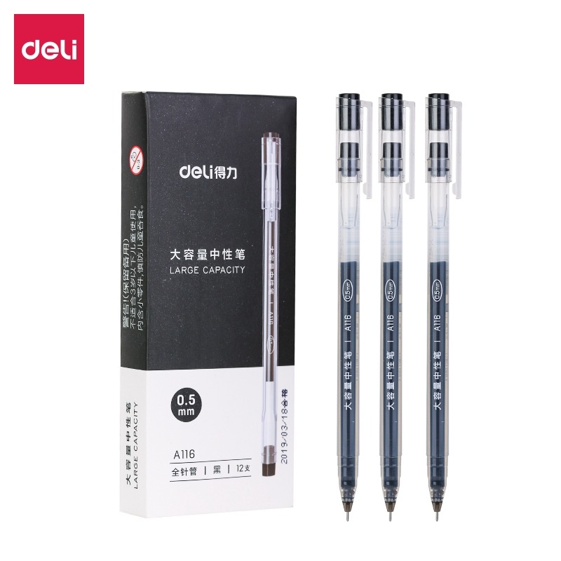 Deli Gel Pen Pulpen Gel kantor kuliah sekolah Warna Hitam Biru Merah 0.5mm warna cerah terang penulisan tulisan halus kapasitas tinta besar LARGE INK CAPACITY, nyaman di genggam anti bocor tidak macet dan tidak luntur  A116