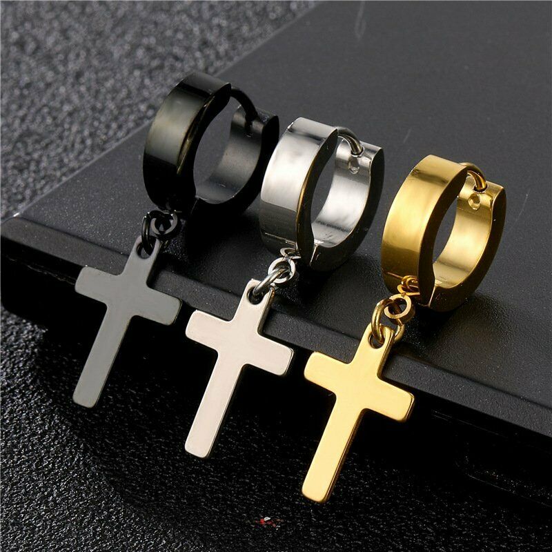 1pc Anting Stud Drop Dangle Tassel Cross Bahan Stainless Steel Untuk Pria