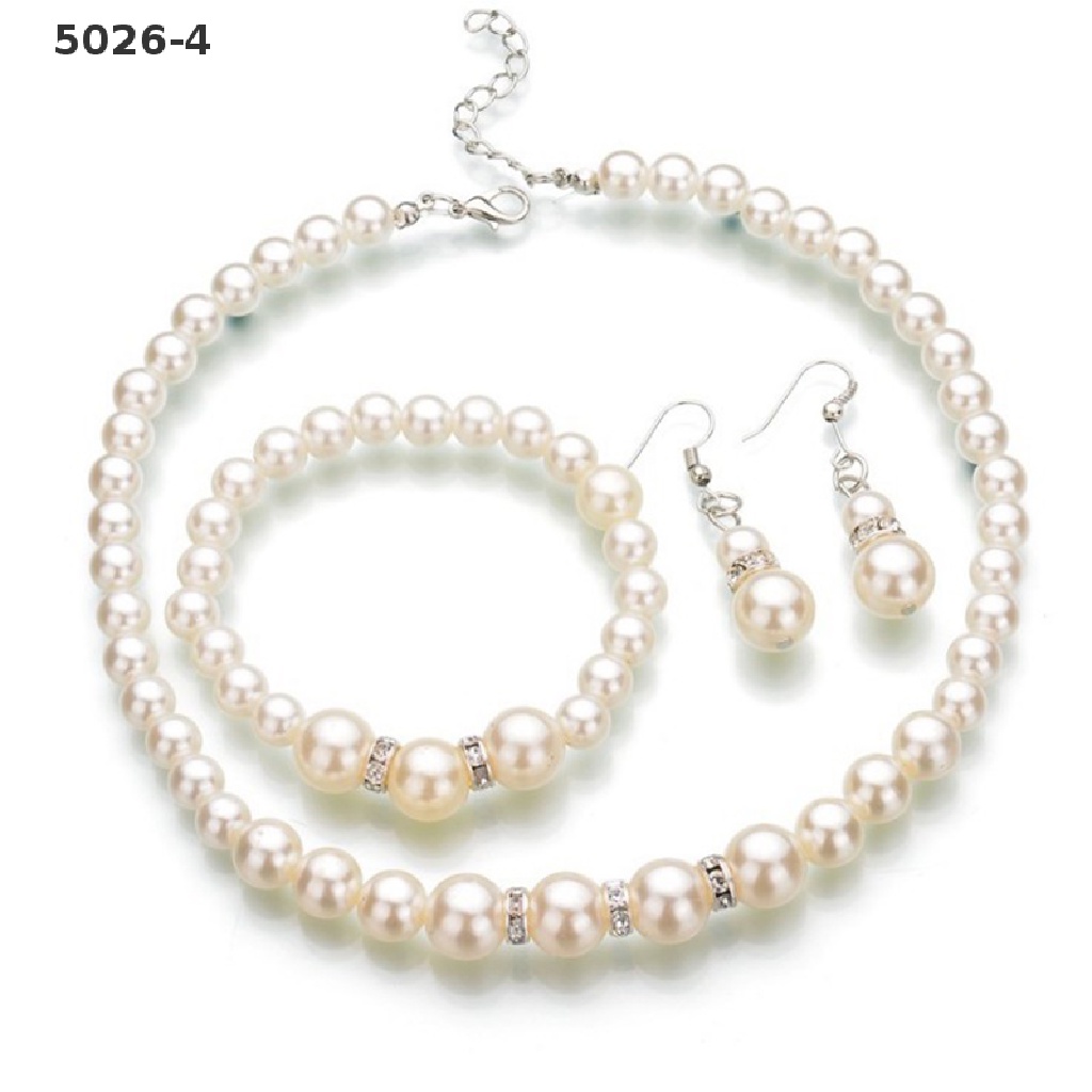 5026-4 Women Crystal Pearl Necklaces Bangles Earrings Wedding Charm Jewelry Set Gift 5026-4