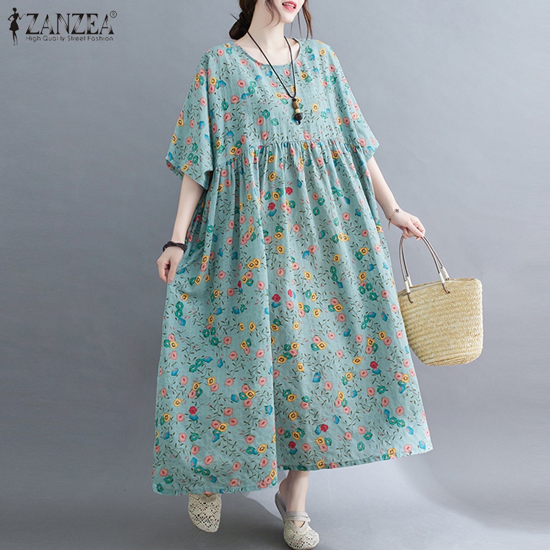 ZANZEA Women Fashion Casual Floral Printed Short Sleeve Holiday Loose Long Dress