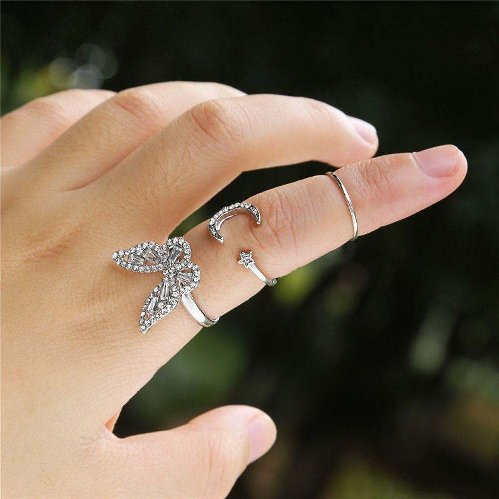 Mxbeauty Kupu-Kupu Set Cincin Minoritas Unik Gothic Bulan Bintang Fashion Paduan Hadiah Hari Valentine Gaya Korea Jari Cincin