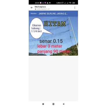 JARING BURUNG 0.15 HITAM 3 METER x 90 METER LUBANG 1 1/4 INCHI