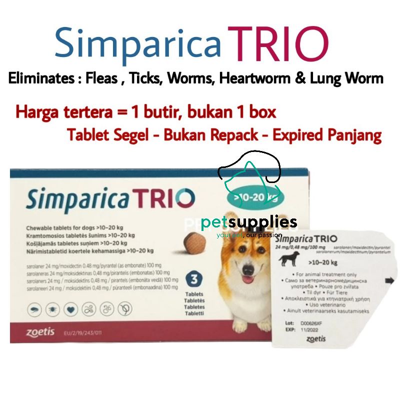 Obat Kutu Anjing SIMPARICA TRIO ukuran M 10-20 kg Harga 1 butir