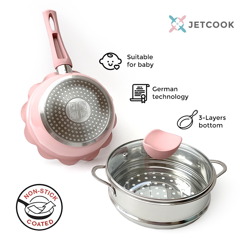 JetCook Baby Cookware Milk Pan dan Steamer 16cm - Panci dan Kukusan untuk Bayi - Pink