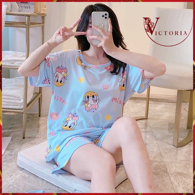 Victoria Pakaian Wanita Baju Tidur Wanita Piyama Lengan Pendek Import Motif Kartun Fit to XXL 4019 -2