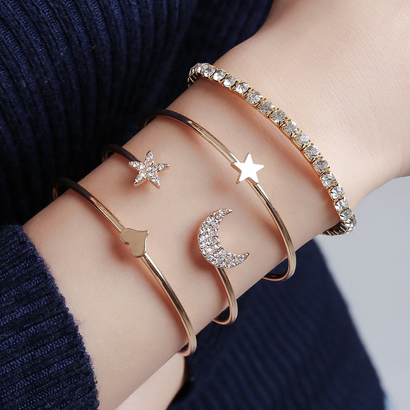 4pcs/set Korea gelang Fashion Star Moon Berlian Glossy Heart Star Bangle