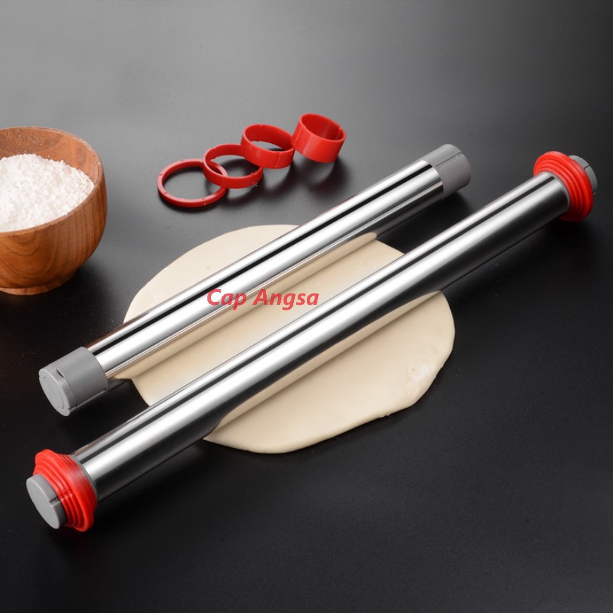 ROLLING PIN ADJUSTABLE THICKNESS STAINLESS STEEL 4 SIZE GILINGAN PENGGILING GILASAN ADONAN KUE ROTI