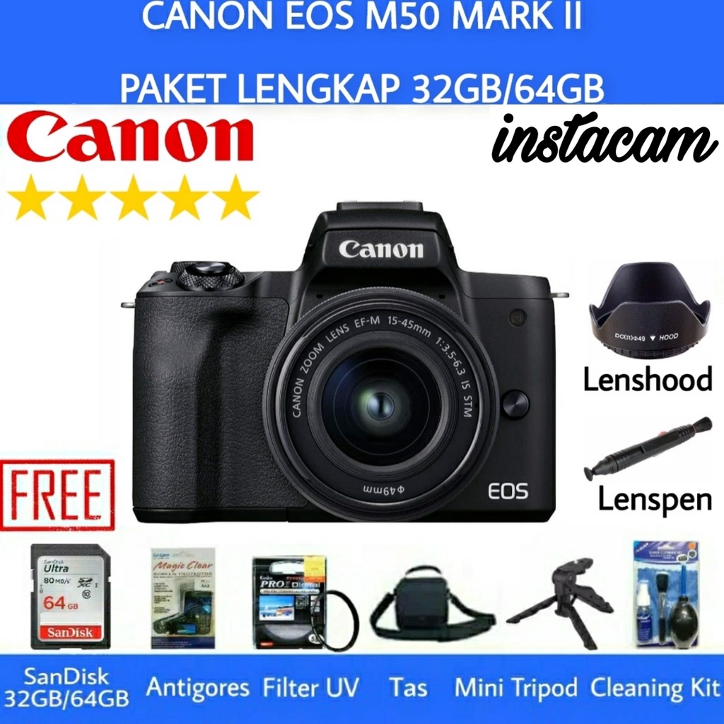 CANON EOS M50 MARK II / CANON M50 MARK II KIT 15-45MM IS STM WIFI ORIGINAL - PAKET LENGKAP - CANON E