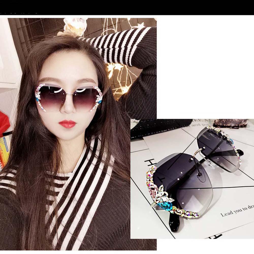 [Elegan] Kacamata Hitam Tanpa Bingkai Street Shot Multicolor Wanita Oversized Rhinestone UV400 Protection