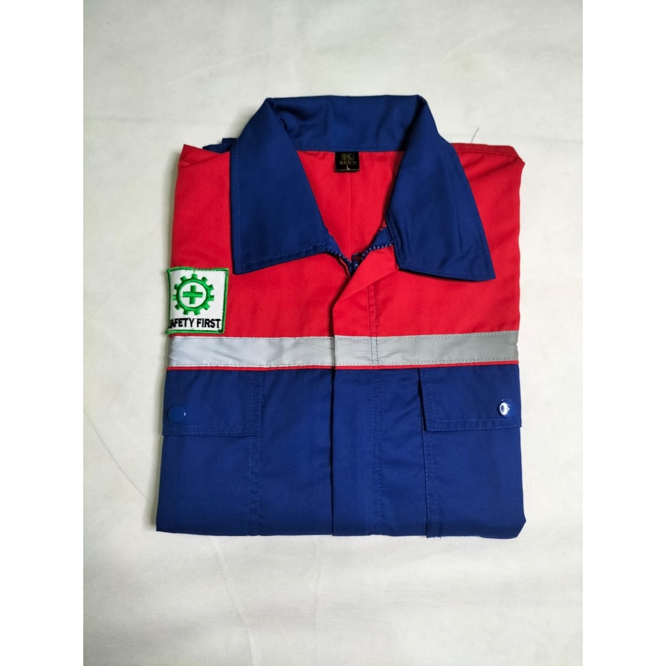 Baju Atasan Safety | Kemeja Wearpack Proyek Lengan Panjang | Merah - Biru Benhur