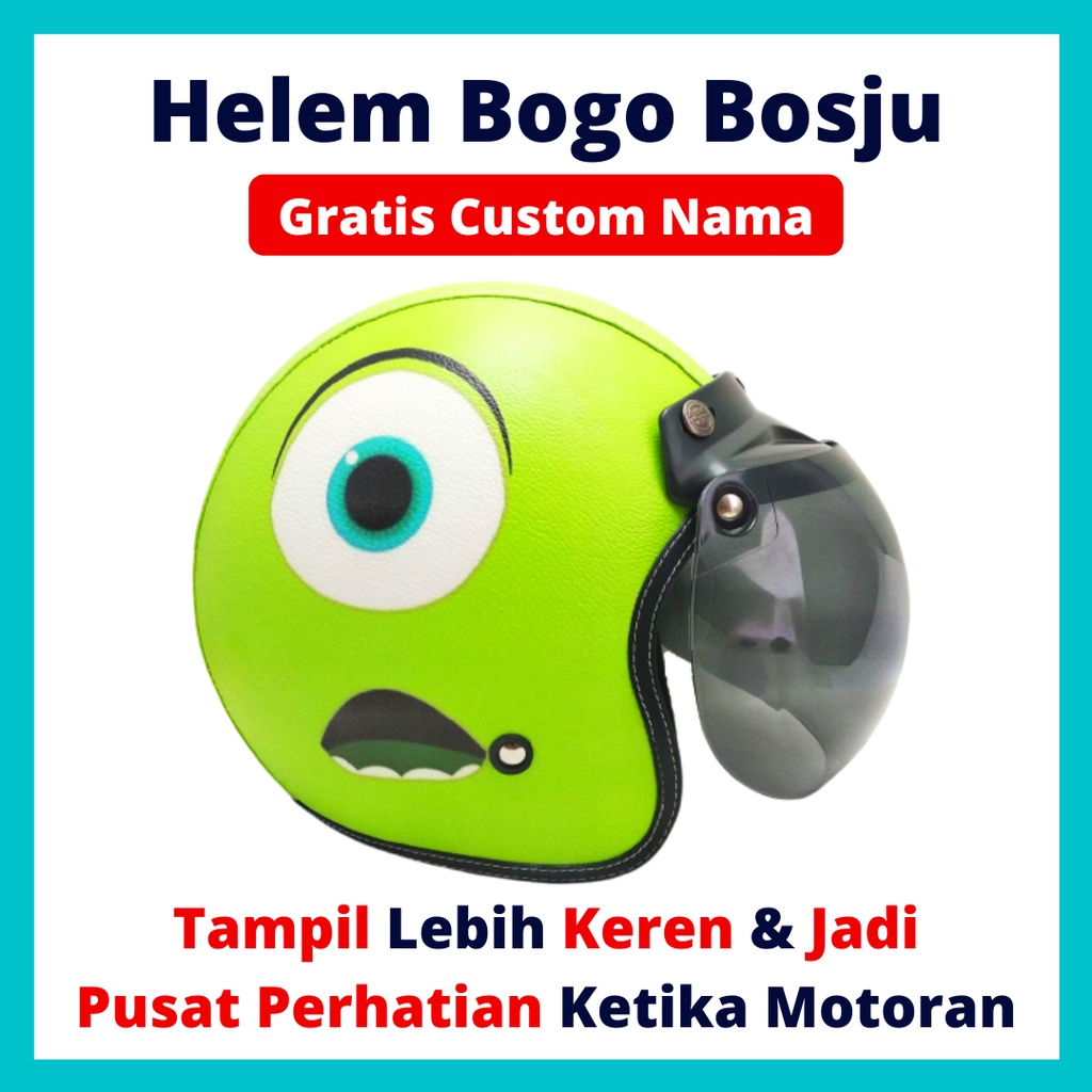 HELM BOGO RETRO KULIT WANITA DEWASA KACA DATAR CLASSIC MOTIF MATA KARTUN LUCU SNI - HELEM BOGO BOSJU
