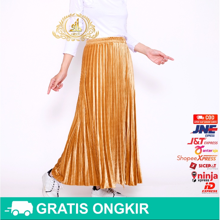 Rok Bludru Velvet Panjang Plisket Premium-ROK Panjang GOLD