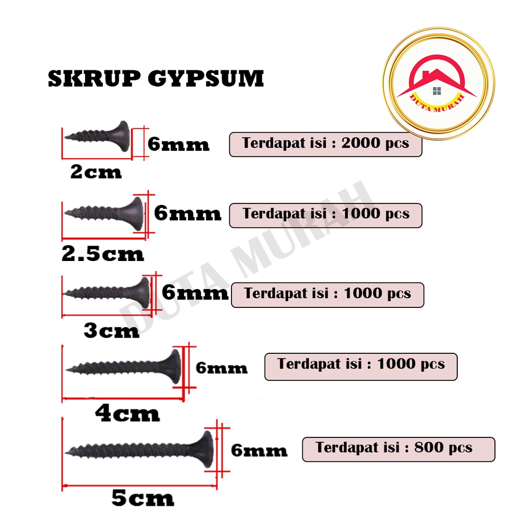 Sekrup 2.5 cm / Skrup Gypsum Harden 6 x 1 ( 2,5 cm) isi 1000 pcs