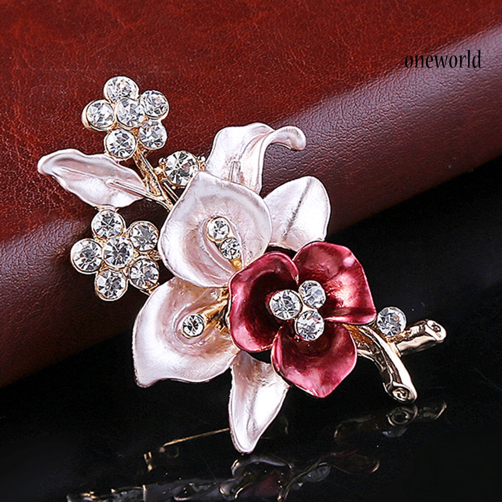 OW@ Brooch Pin Flower Shape Chic Decoration Alloy Rhinestone Inlaid Flower Brooch Pin for Wedding