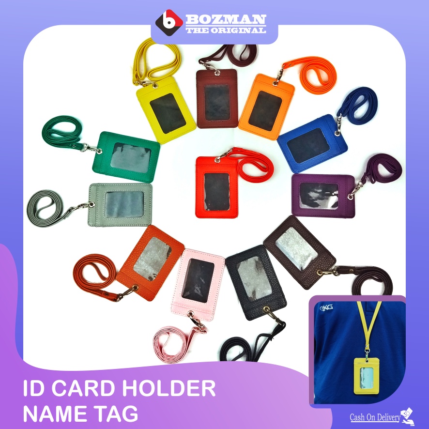 ID Card Holder NameTag Kulit PU Leather Lanyard Kualitas Premium