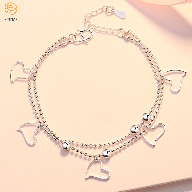 925 Perak Berbentuk Hati Rantai Gelang Bunga Bintang Liontin Korea Fashion Gelang Wanita Hadiah Ulang Tahun C3-5