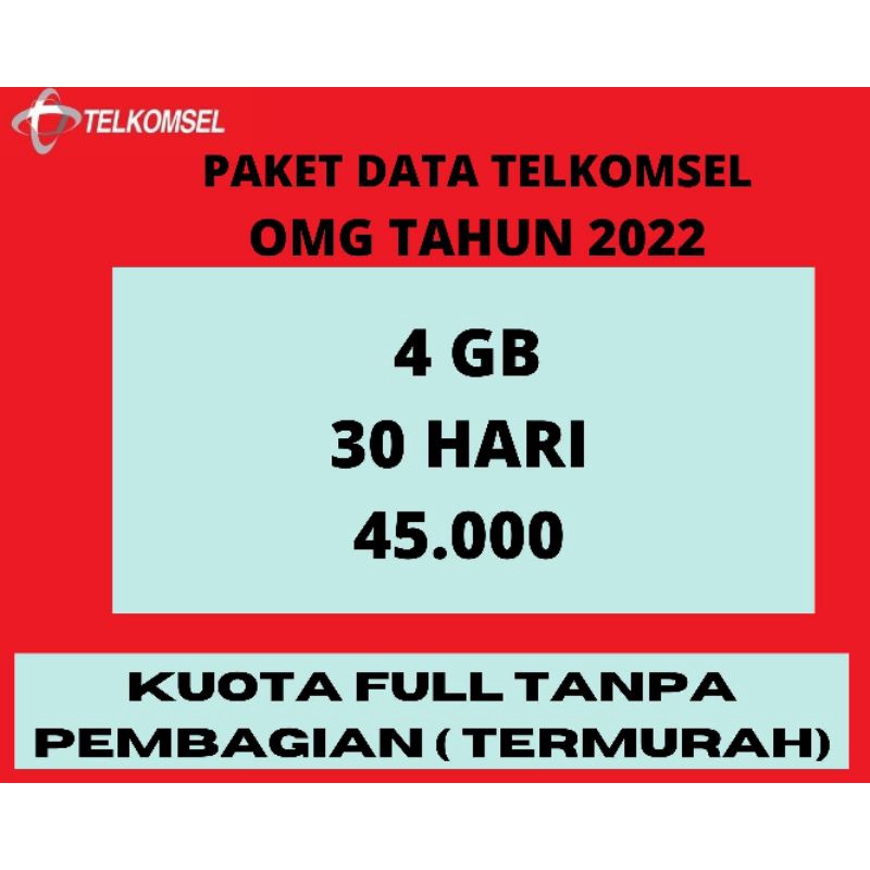 Paket Data Termurah Kuota Internet Telkomsel OMG 4 GB 30 HARI, masuk Kilat Jawa bali NTB