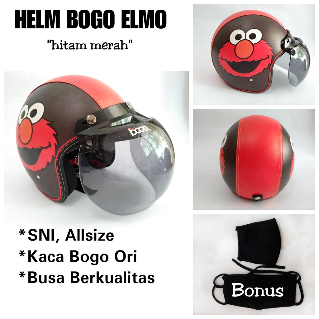 Helm Bogo ELmo, Helm Retro Bogo Kulit Elmo, Helm Elmo Hitam Merah