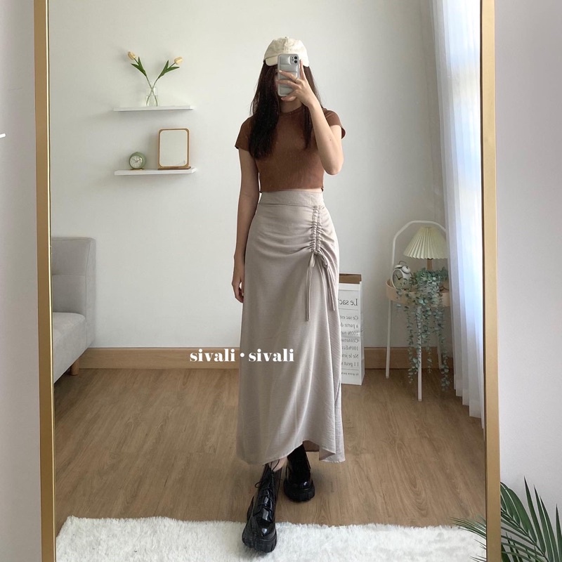 Tamara Skirt - Rok Serut Casual Flowy - Midi Maxi Ruched Skirt - Rok Wanita Korean Look-Ivory