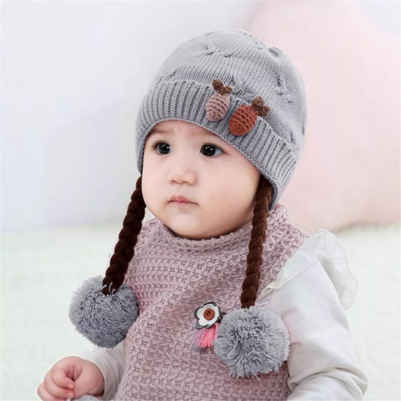 JF COLLECTION [Bordir Nama] Topi Kupluk Rajut Kepang Anak Bayi Perempuan Hiasan Nanas Rambut Kuncir-5