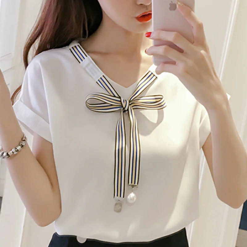 BISA COD - BLOUSE LAURA Blouse Korean Style Wanita Remaja Atasan Kaos Blouse Wanita Dewasa Lengan Pendek Bahan Balotelly-Putih