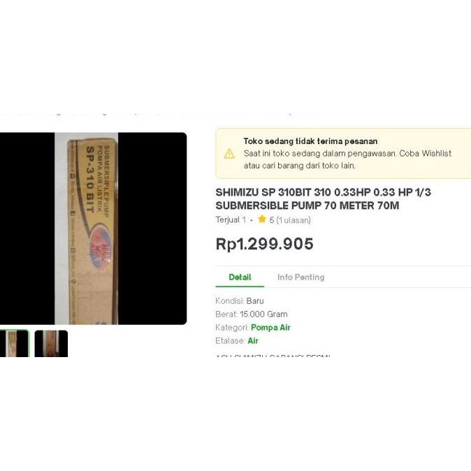 /////] SHIMIZU SP 310BIT 310 0.33HP 0,33 HP 1/3 SEPERTIGA SUBMERSIBLE 1 PER 3