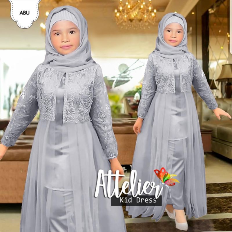 SET CELANA TUNIK ATTELIER KID ANAK, MOSCREPE BRUKAT TILE, GAMIS HIJAB MUSLIM, SETELAN