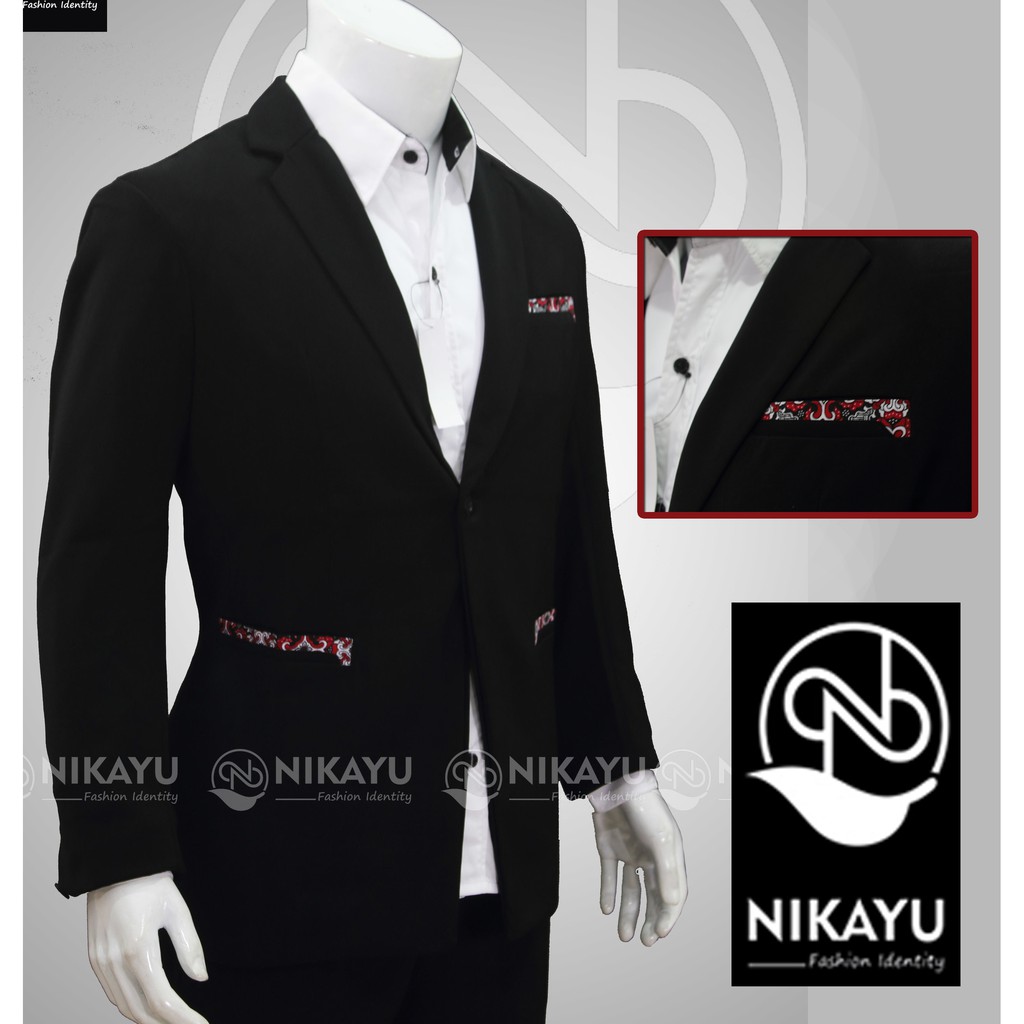 BLAZER PRIA HITAM MOTIF BATIK ETNIC - JAS PRIA SLIMFIT KOMBINASI BATIK HITAM NEW STYLE