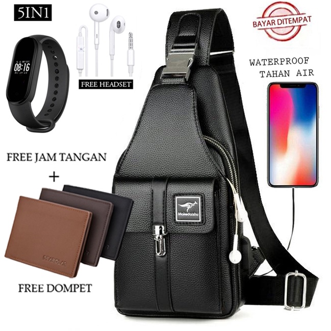 TANMESSO 5in1 BAYAR DITEMPAT- JAM LED -HEADSET- DOMPET -USBPORT -TAS WATERPROOF-BAHAN INTERPILAR SENDIRI LEMBUT DAN TEBAL KULIT BUKAN PARASUT ATAU KANVAS SEPERTI YANG BEREDAR DIPASARAN-TAS SELEMPANG PRIA-SLING BAG PRIA