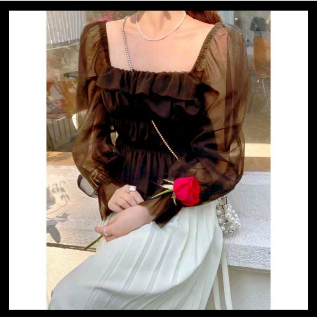 Blouse atasan wanita angan panjang tulle Paris model korea 956