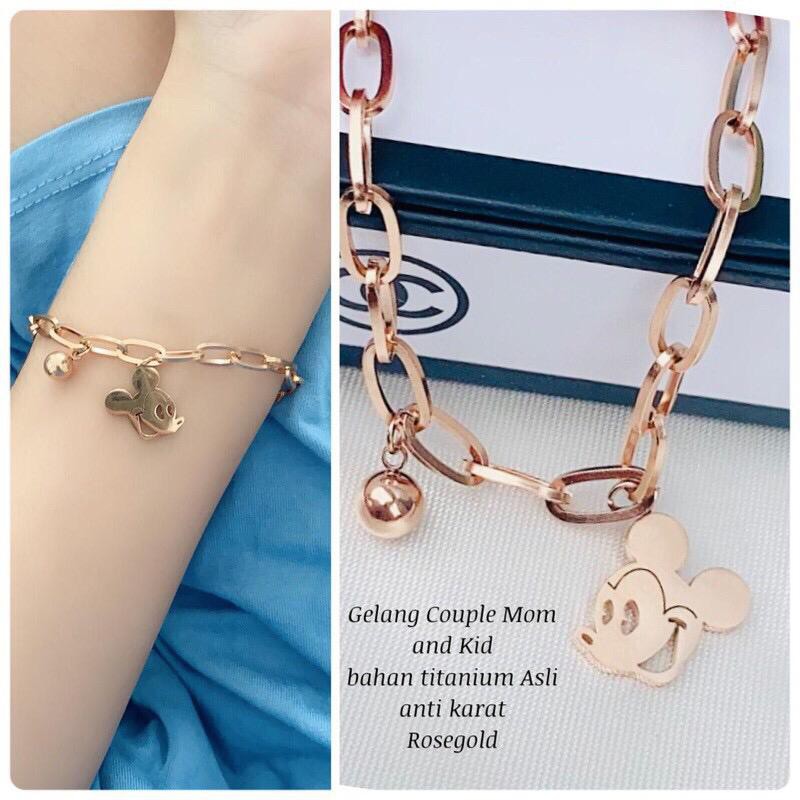 Gelang Tangan Fashion Wanita Mickey Mouse Rosegold Dewasa-Anak anak Premium Titanium Anti Karat