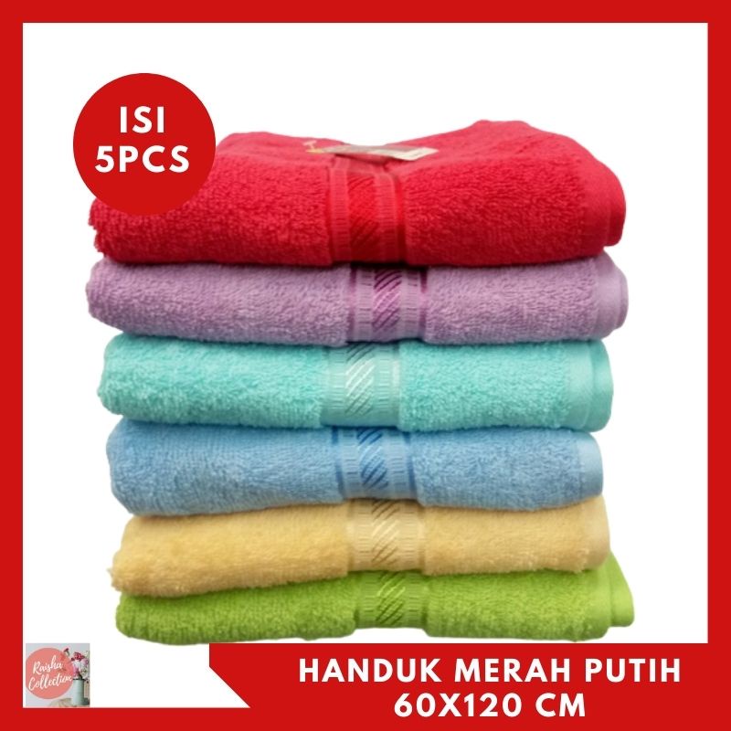 RC PAKET HEMAT HANDUK MERAH PUTIH  ISI  5 LIMA UK. 60X1200 WARNA RANDOM