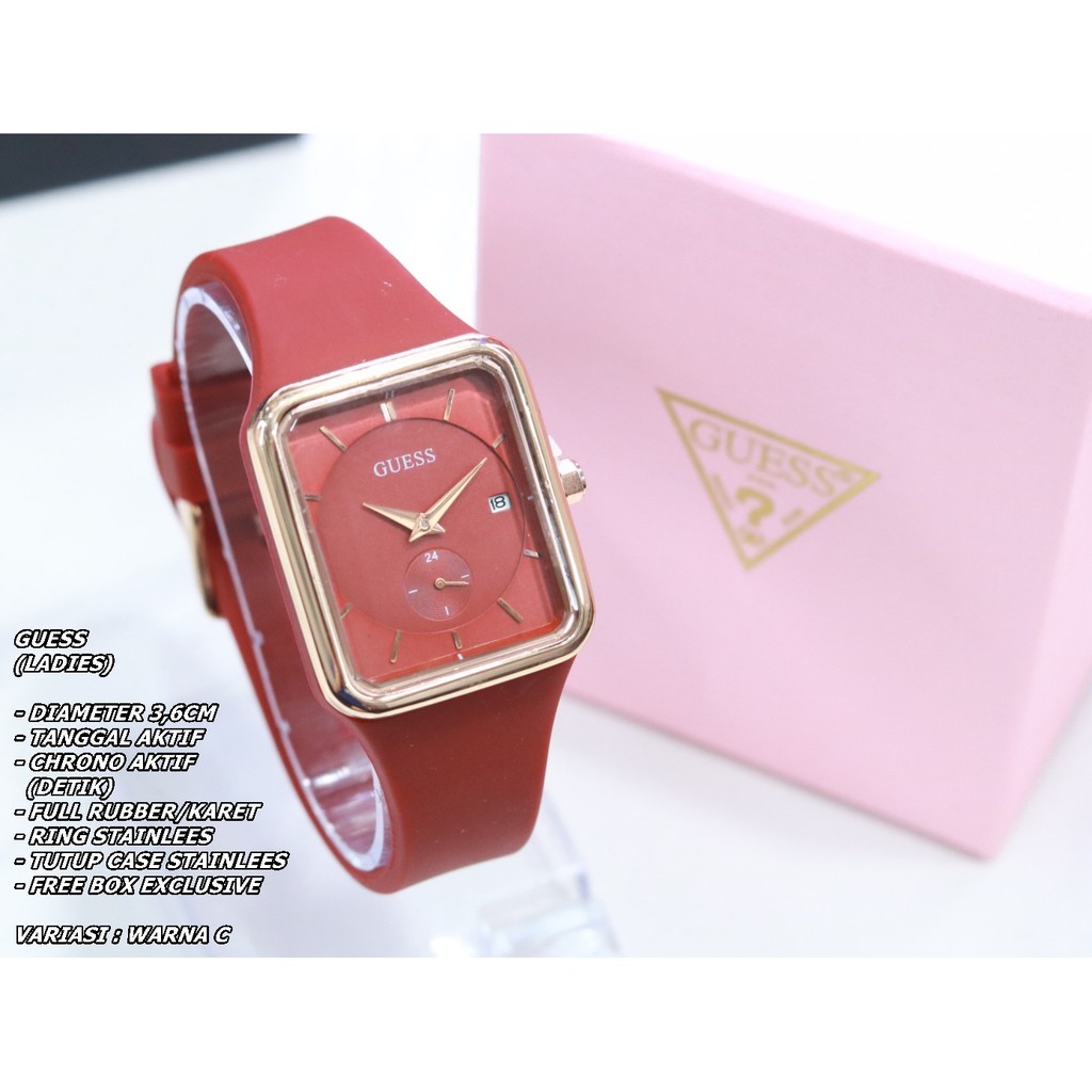 JAM TANGAN WANITA GUESS TALI RUBBER BODY SEGI TANGGAL &amp; CHRONO AKTIF