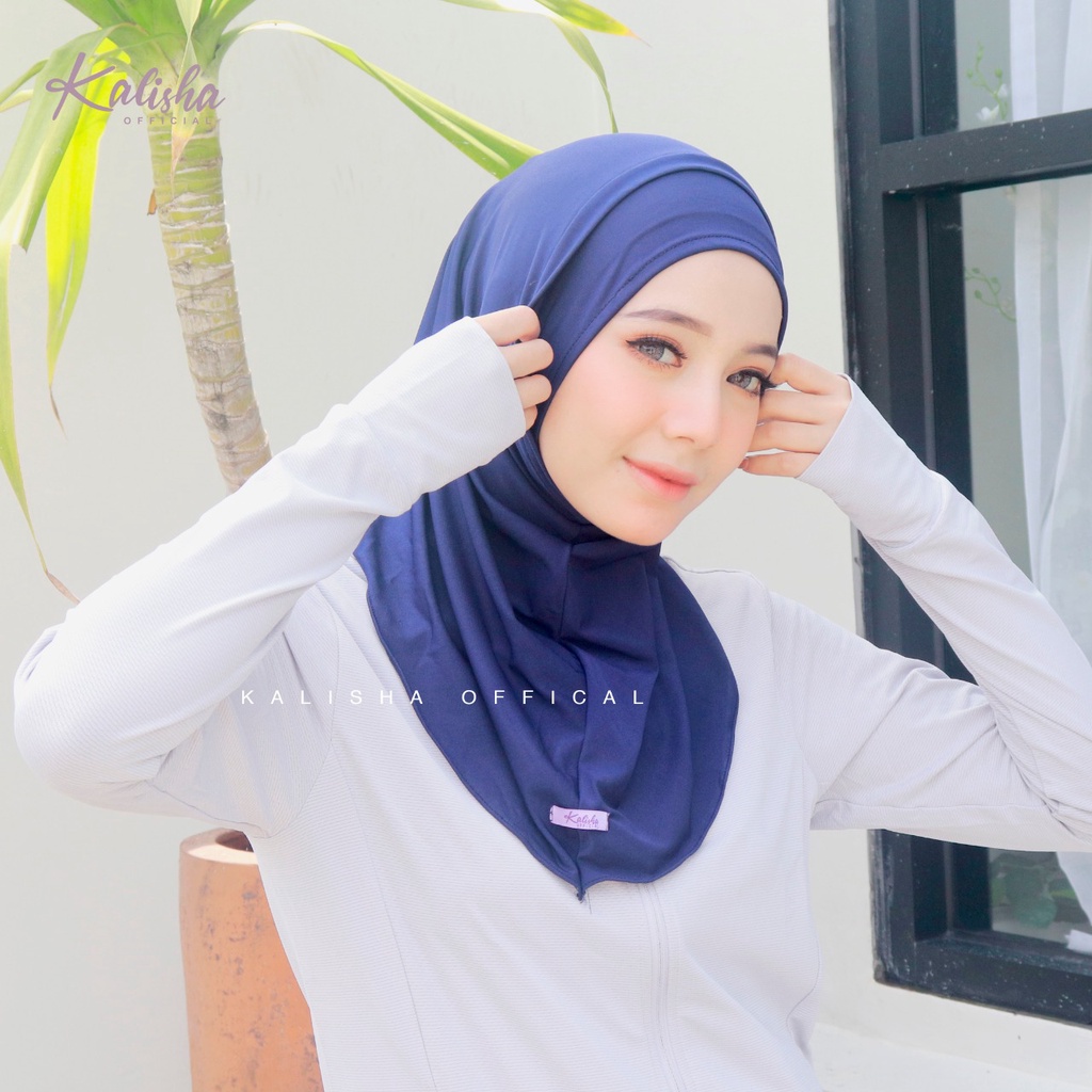 HIJAB MASKER HEADSET SPORTY HELMA / ACTIVE HIJAB EARPHONE MASK / HIJAB NEW NORMAL / HIJAB KHIMAR INSTAN BERGO MASKER EARPHONE BY KALISHA OFFICIAL-NAVY