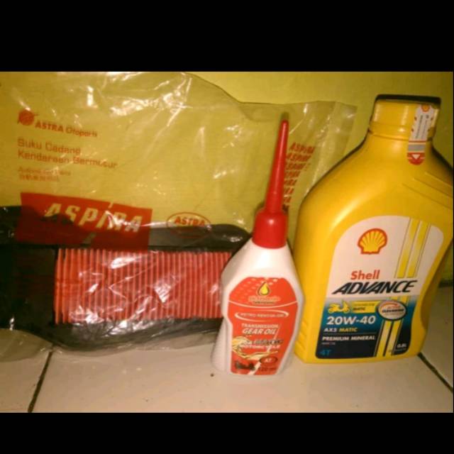 Paket filter udara mio J/ soul gt 125 aspira + paket oli shell ax5 matic 800ml plus oli gardan 120ml