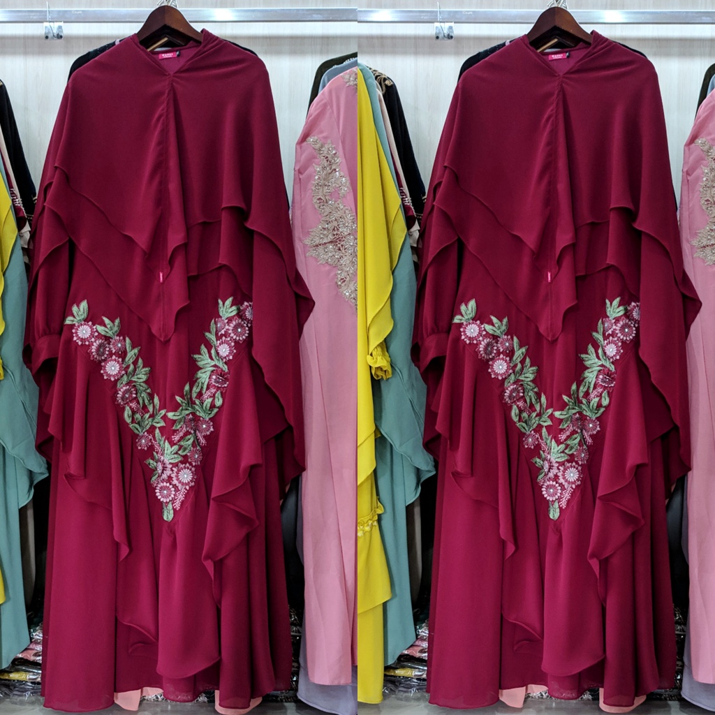 Gamis Syari Ceruty Bordir Set Khimar Gamis wanita Remaja Kekinian Ibu Ibu Jumbo Mewah-Maroon