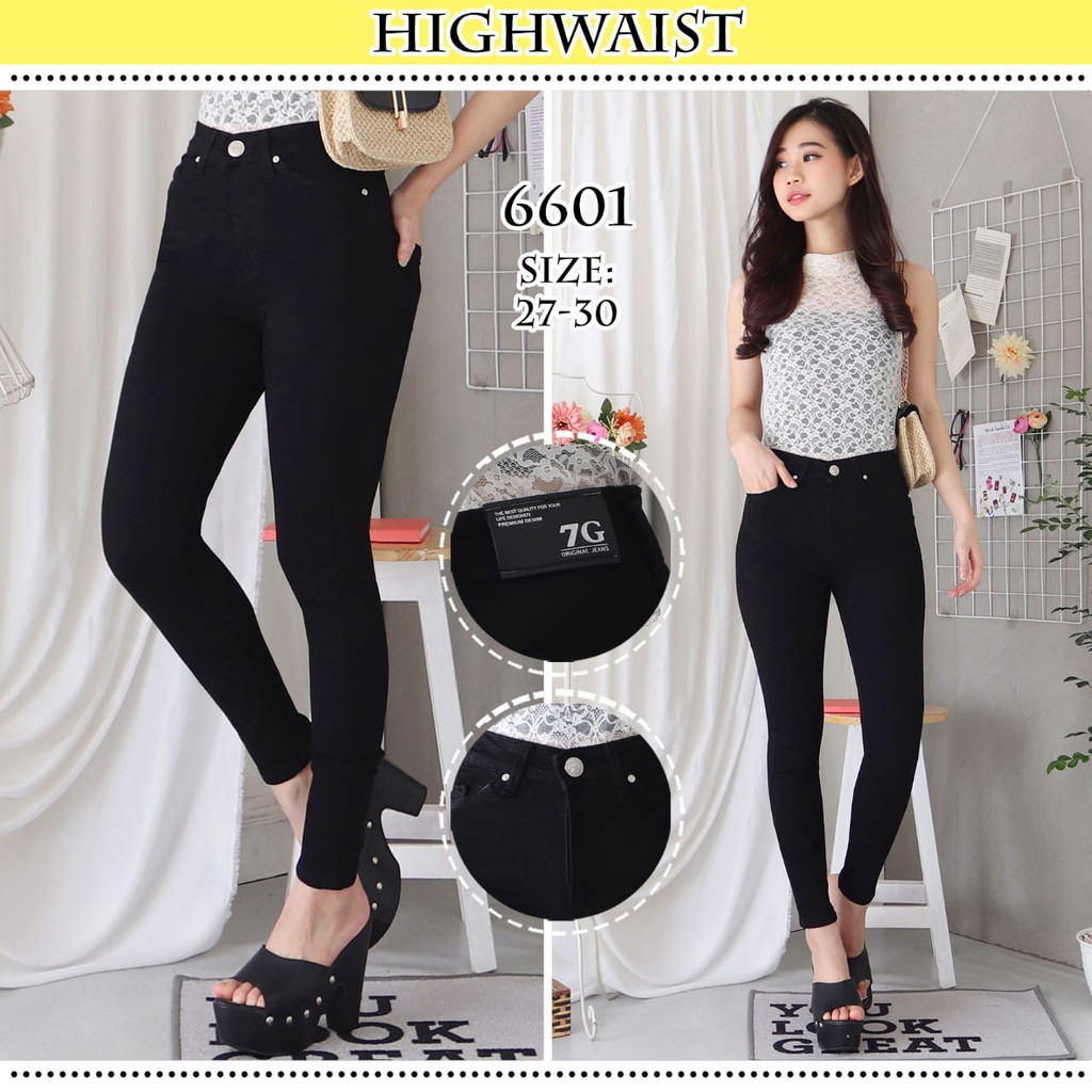 7C-G CELANA JEANS PREMIUM HIGHWAIST HITAM /PINGGANG TINGGI /STREACHT /27 - 34