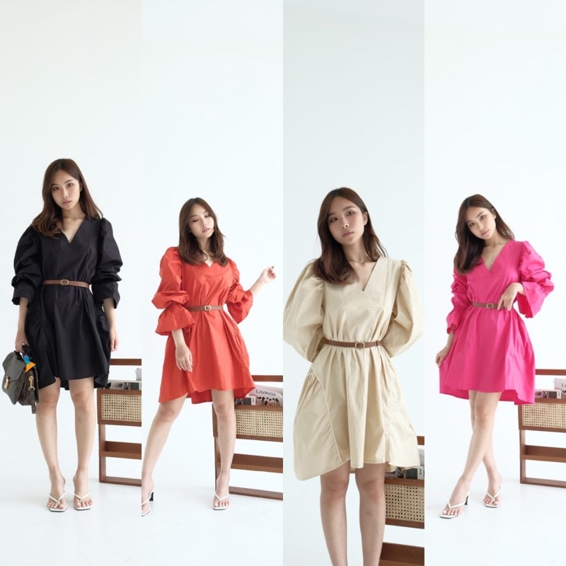 kode 2478 dress wanita import bagus big size fit to xl murah prenium poplin korea korean dress casual kerja kantor formal cute cream black fuchsia pink orange black hitam set baju majorka belted dress ndudshop